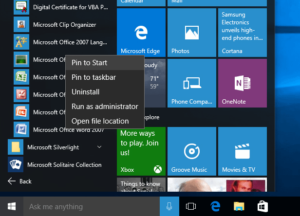 Windows 10 Start Menu live tile
